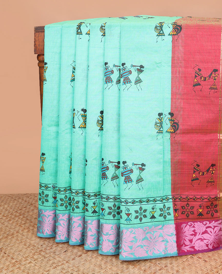 Turquoise warli village printed Andhra cotton saree, zari floral creeper border, and contrast warli printed pallu