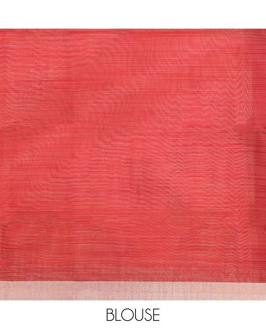 Peach floral vine and Pichwai cow printed chirala cotton saree, plain border, and contrast floral printed pallu