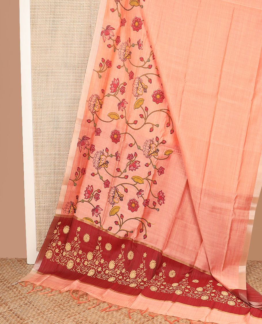 Peach floral vine and Pichwai cow printed chirala cotton saree, plain border, and contrast floral printed pallu