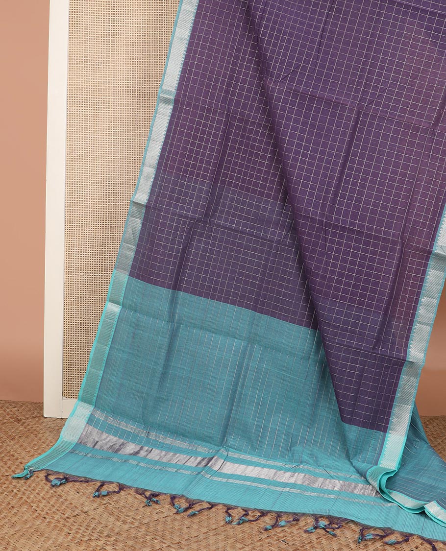 Grape purple checked Mangalgiri cotton saree, contrast traditional border, checked pallu, and a contrast blouse