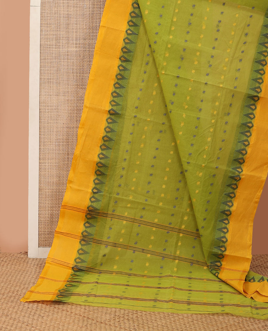 Parrot green buttas Bengal cotton saree, contrast thilakam design border & pallu of stripes & buttas