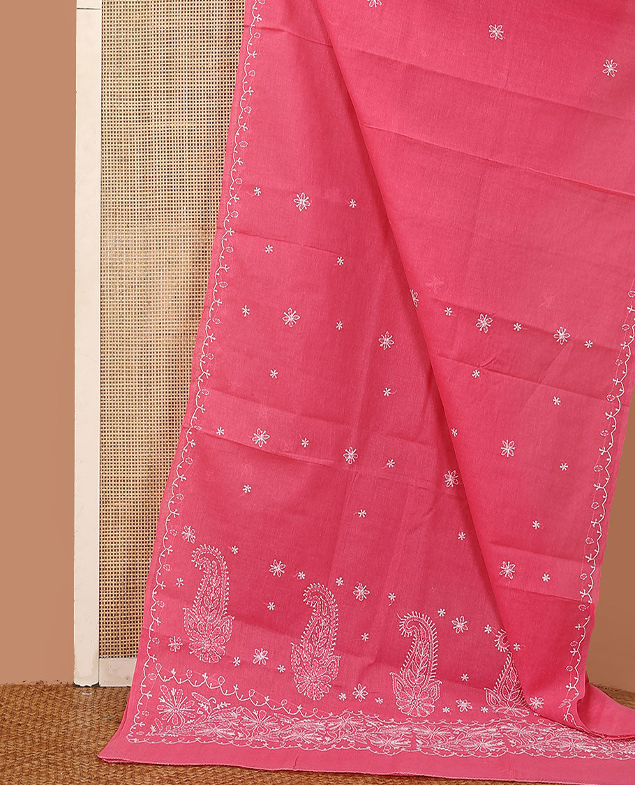 Dark pink embroidered buttas Lucknowi chikankari saree, thread embroidered border, and floral-paisley motifs embroidered pallu