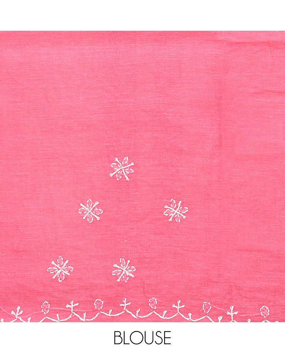 Dark pink embroidered buttas Lucknowi chikankari saree, thread embroidered border, and floral-paisley motifs embroidered pallu