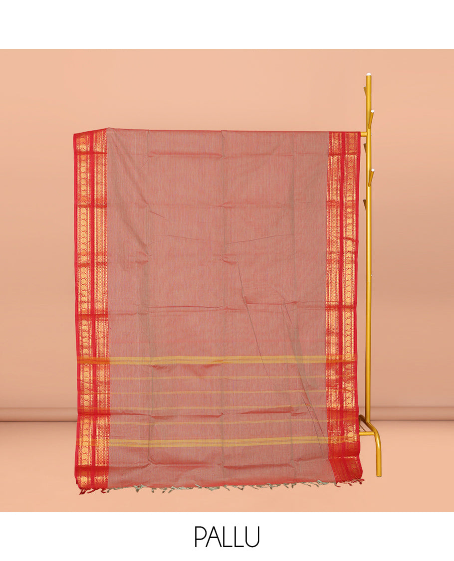 Brown Plain Chettinad Cotton Saree, Complemented by Contrast Traditional Zari Design Varisai Pettu Border, Striped Pallu, and Paired with Matching Blouse