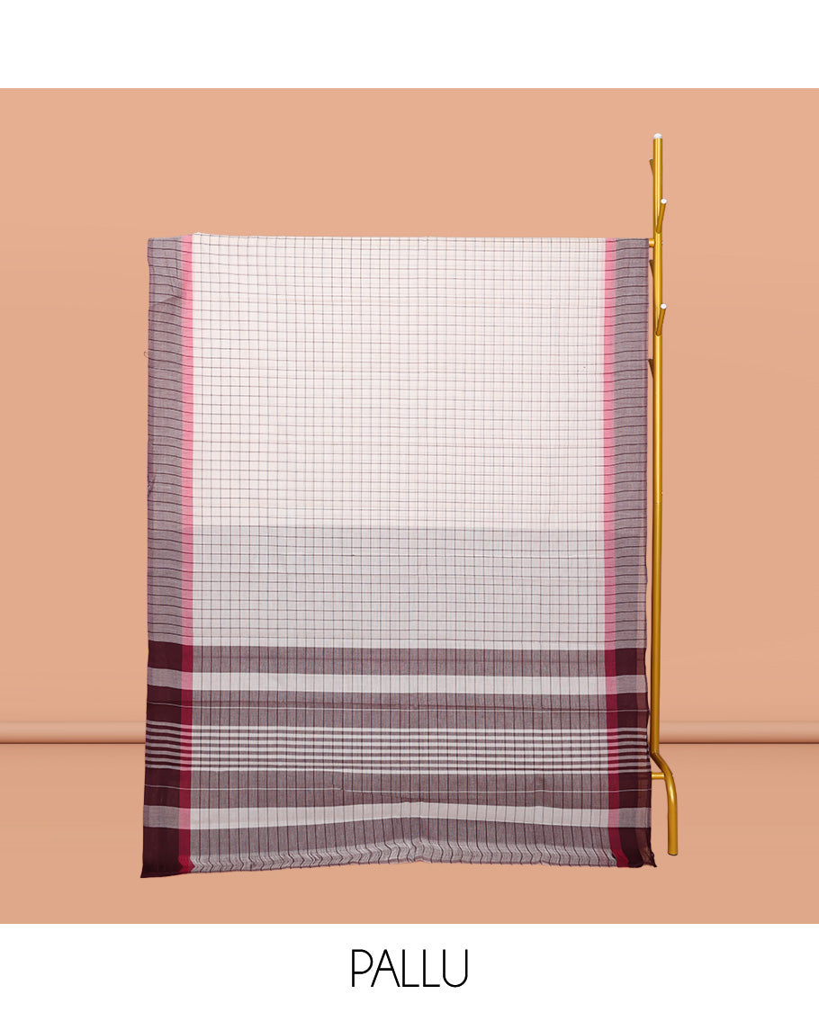 Off-white Checked Chirala Cotton Saree, a Contrast Border, Striped Pallu, and a Contrast Blouse