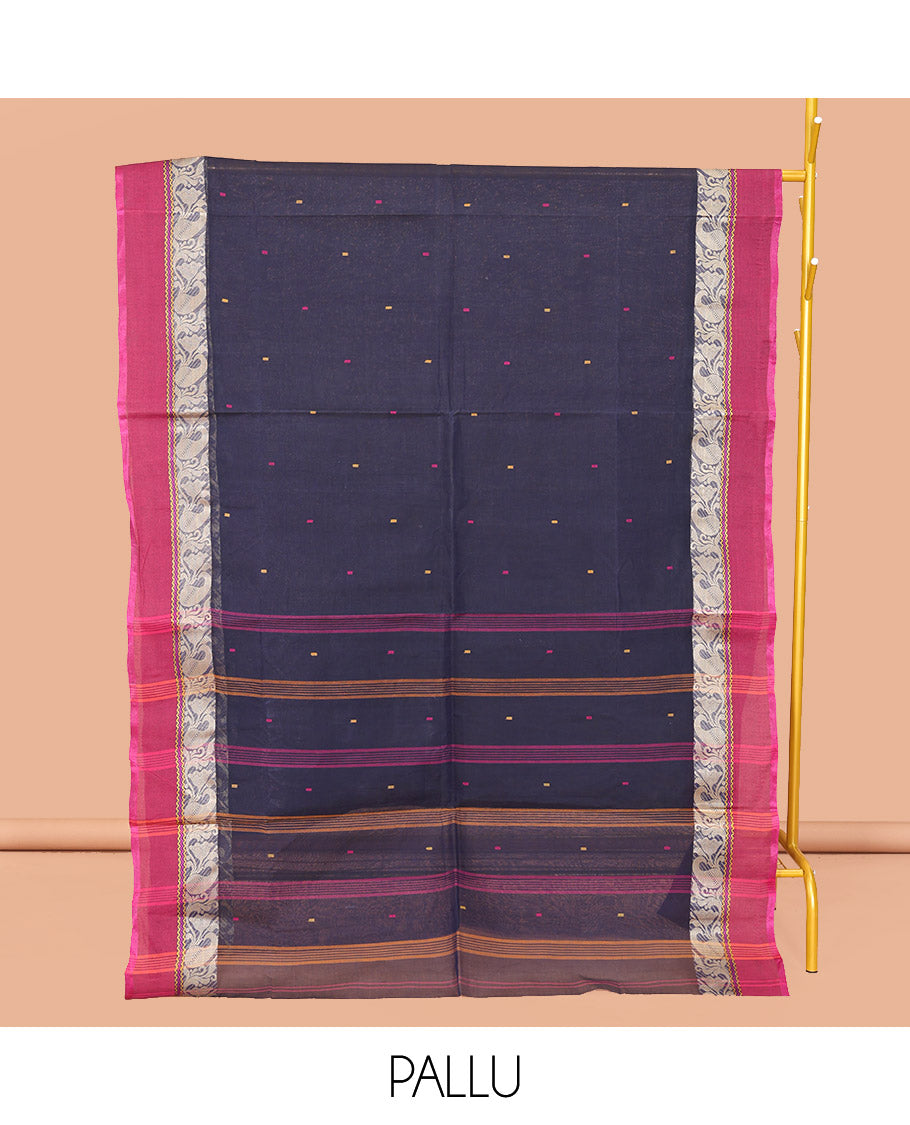 Blue Bengal Cotton Saree, Subtly Sparkled with Buttas, a Contrast Floral-Paisley Border, Pallu of Stripes and Buttas, and a Matching Blouse