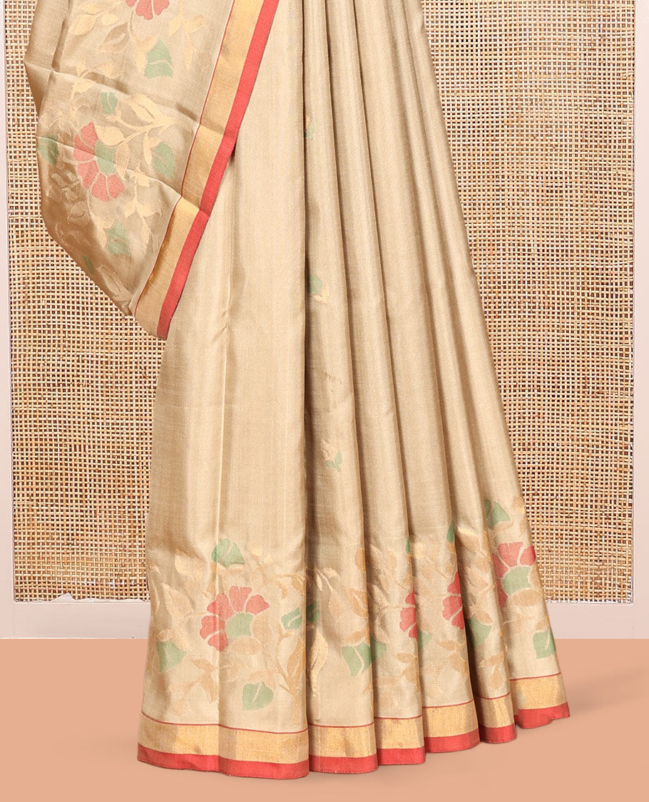 Light Gold Uppada Silksaree, Adorned with Meena Floral Buttas, Contrast Zari Border, and a Plain Blouse