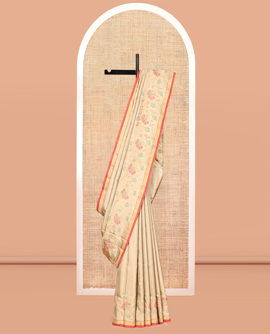 Light Gold Uppada Silksaree, Adorned with Meena Floral Buttas, Contrast Zari Border, and a Plain Blouse
