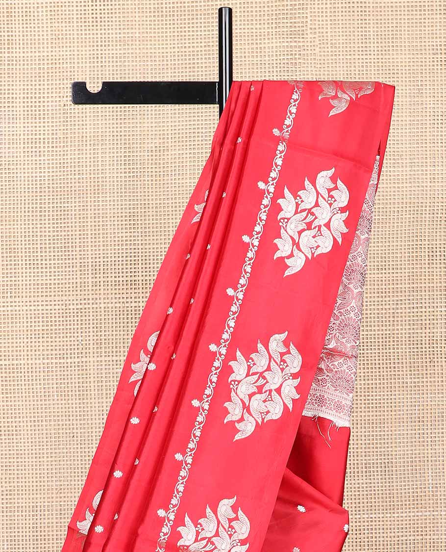 Red floral motifs banaras dupion silk saree with self zari design border & floral design pallu