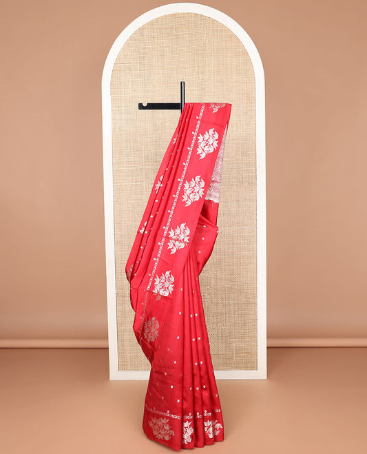 Red floral motifs banaras dupion silk saree with self zari design border & floral design pallu