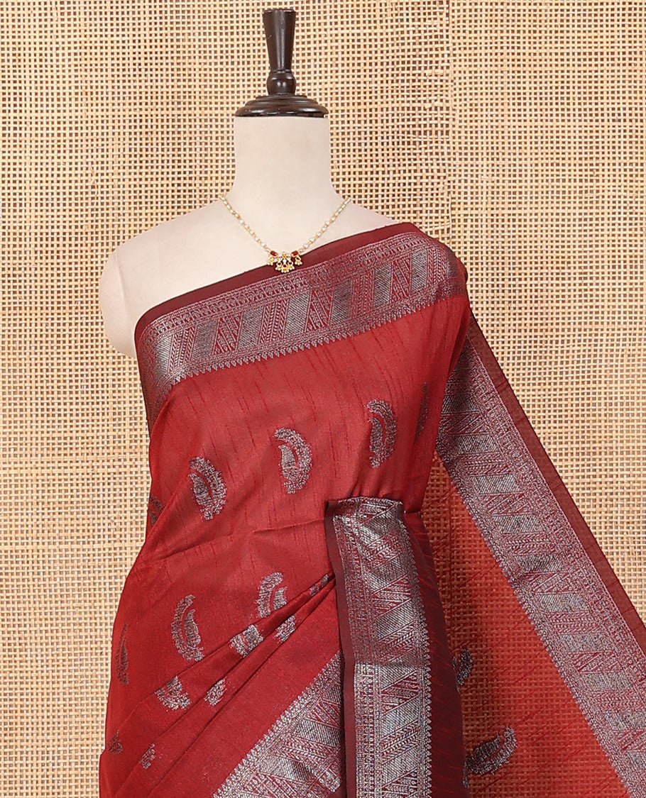 Maroon zari buttas dupion saree, traditional zari design border, and thread striped pallu