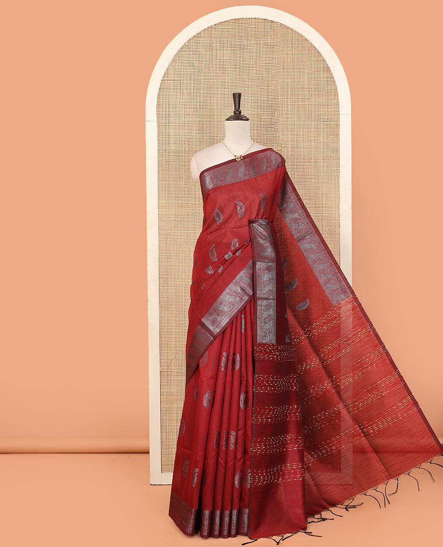 Maroon zari buttas dupion saree, traditional zari design border, and thread striped pallu