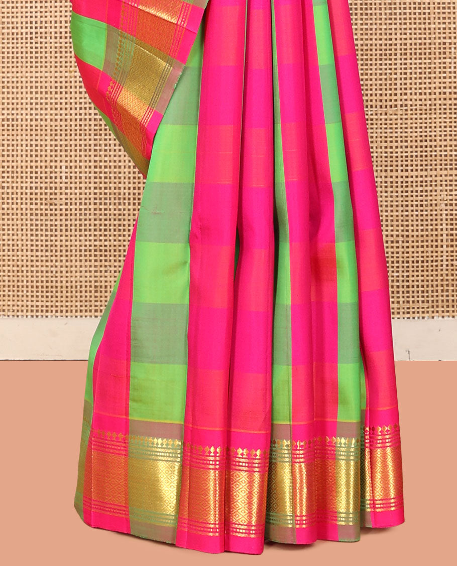 Multi-Color Checked Kanchipuram Silk Saree Features a One-Sided Zari Border of Paneer Sombu, Banaras, Muthu, and Mayil Kann Designs, Zari Design Pallu, and No Blouse