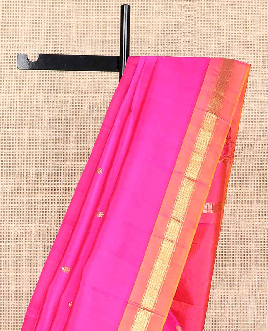 Pink buttas kancheepuram silk saree with contrast zari design border & zari design pallu