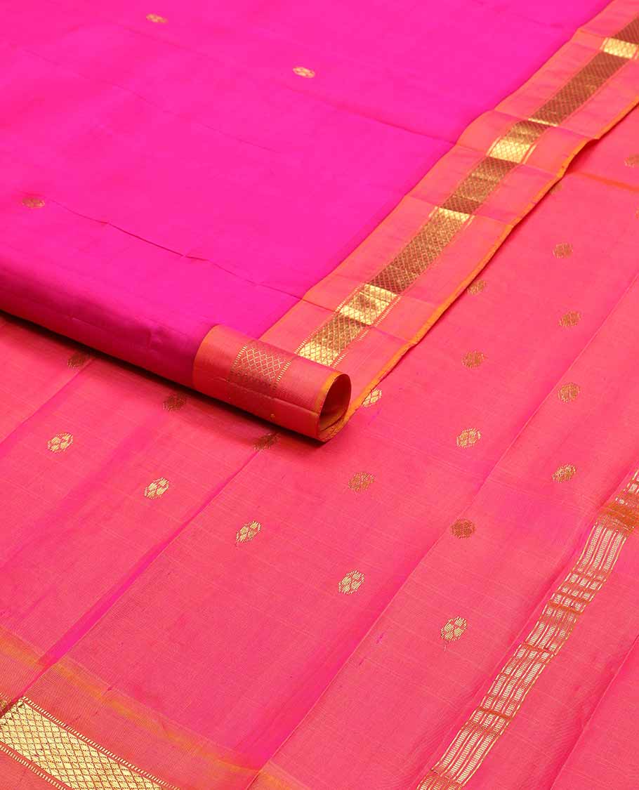 Pink buttas kancheepuram silk saree with contrast zari design border & zari design pallu