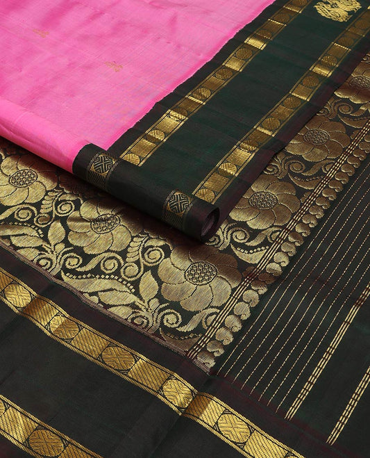 Pink zari buttas kancheepuram silk saree, contrast one-sided rettai pettu korvai border of banaras & poun designs & pallu of manga & floral designs