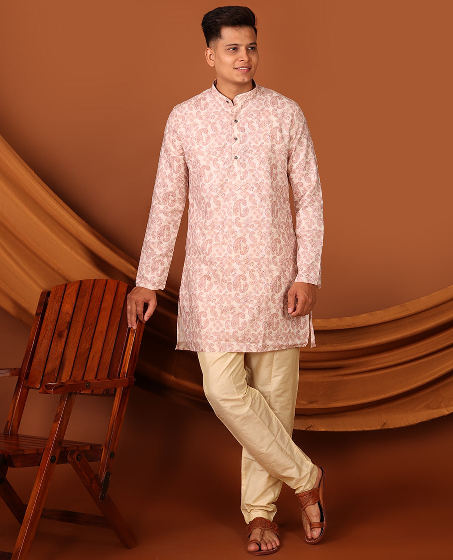 Pale Pink Paisley Motifs Printed Full-Sleeved Men's Kurta