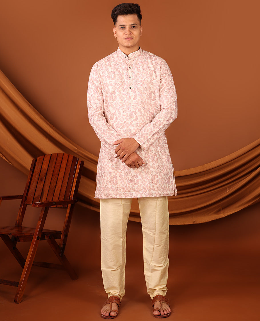 Pale Pink Paisley Motifs Printed Full-Sleeved Men's Kurta