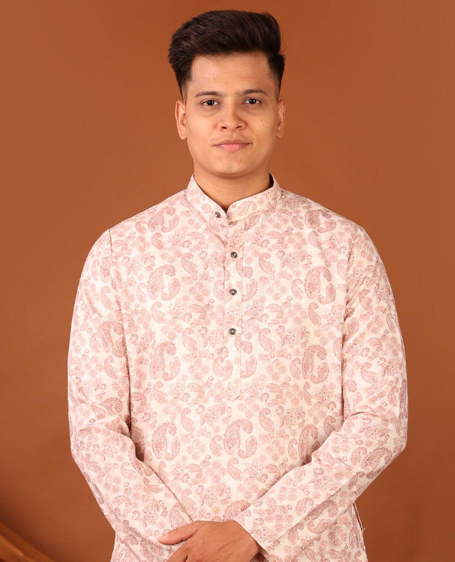 Pale Pink Paisley Motifs Printed Full-Sleeved Men's Kurta