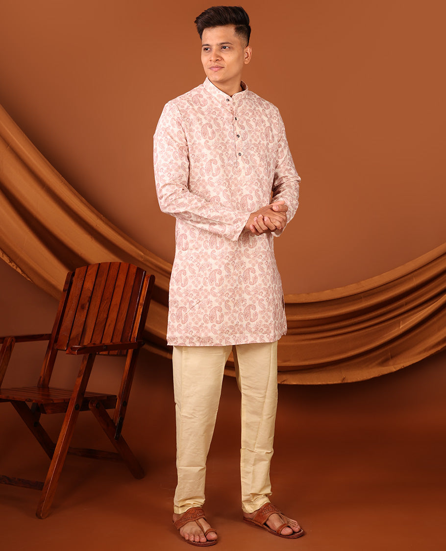 Pale Pink Paisley Motifs Printed Full-Sleeved Men's Kurta