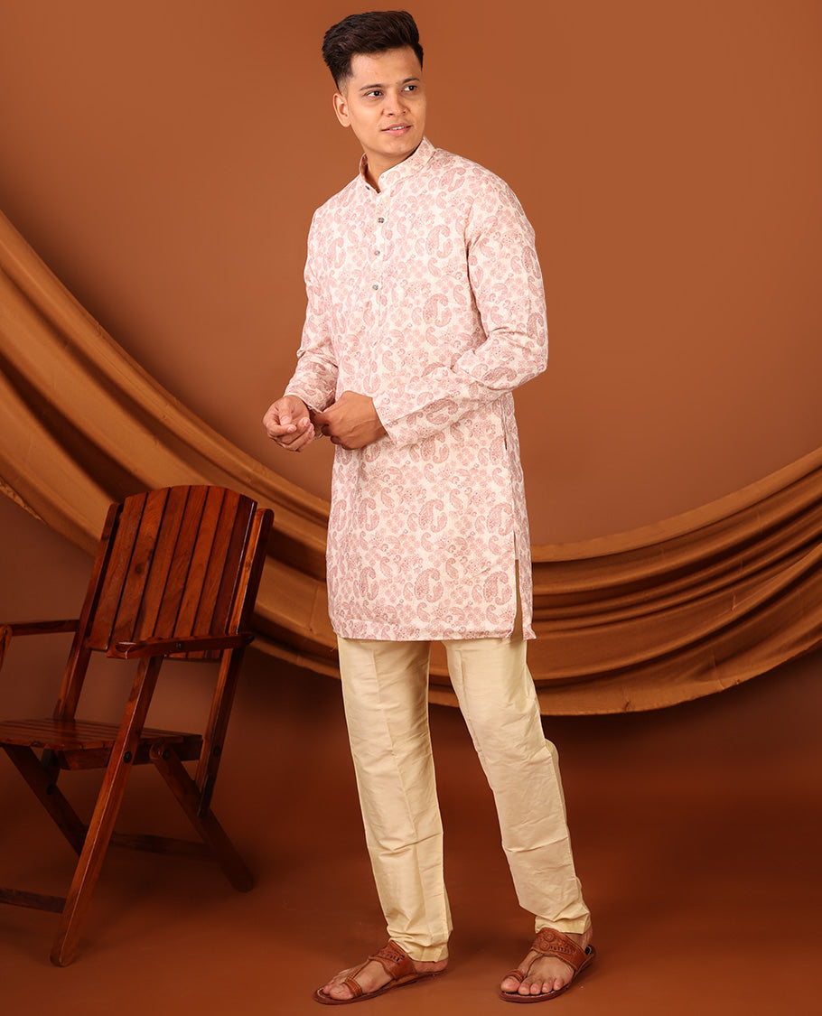 Pale Pink Paisley Motifs Printed Full-Sleeved Men's Kurta