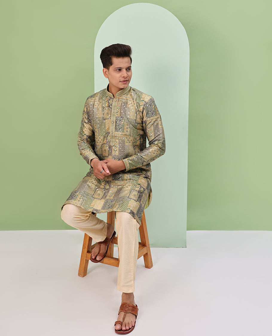 Mustard base, colorful Mughal-style floral and geometric motifs printed with glitter work, full-sleeved readymade kurta