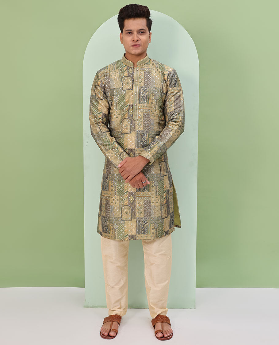 Mustard base, colorful Mughal-style floral and geometric motifs printed with glitter work, full-sleeved readymade kurta