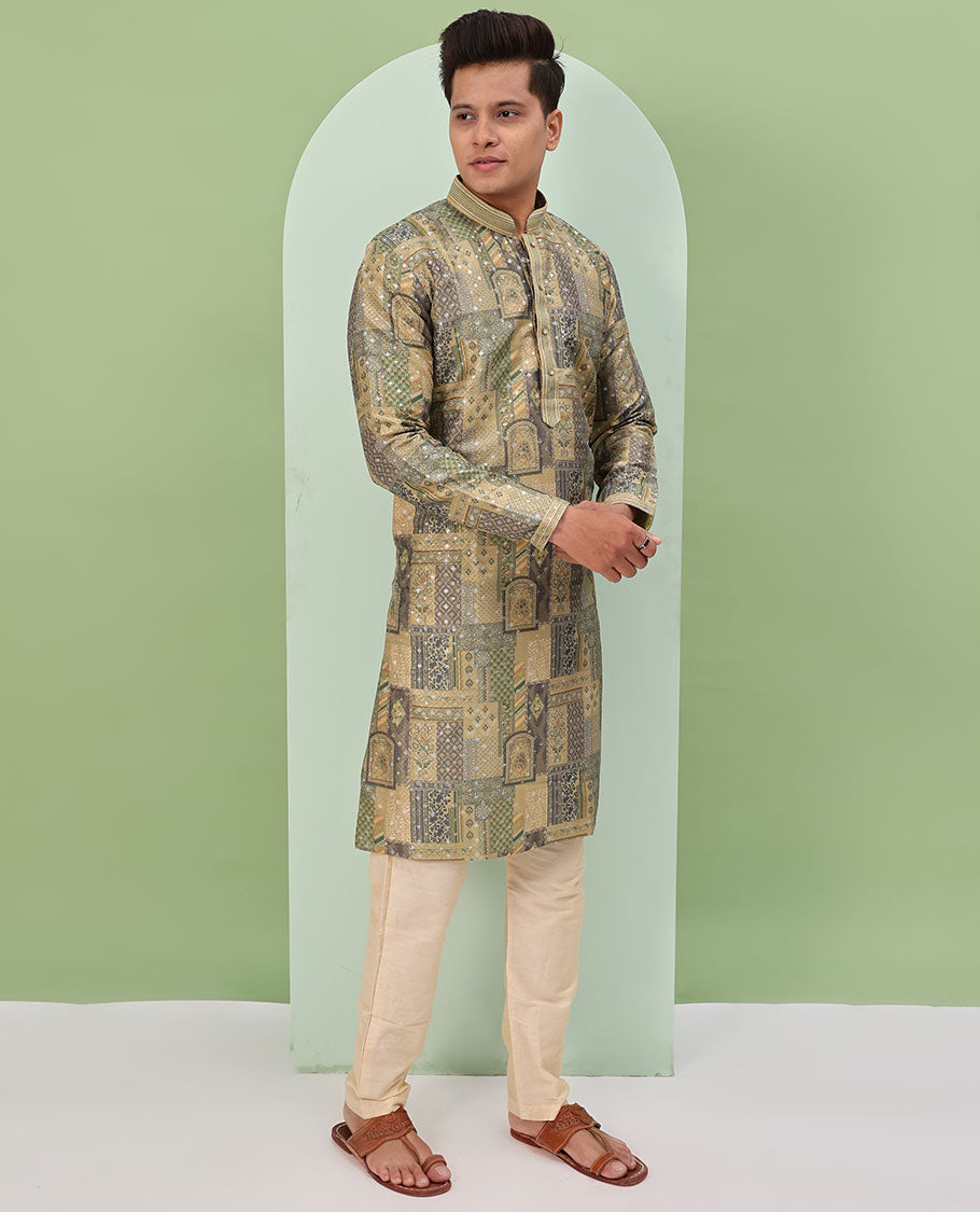 Mustard base, colorful Mughal-style floral and geometric motifs printed with glitter work, full-sleeved readymade kurta