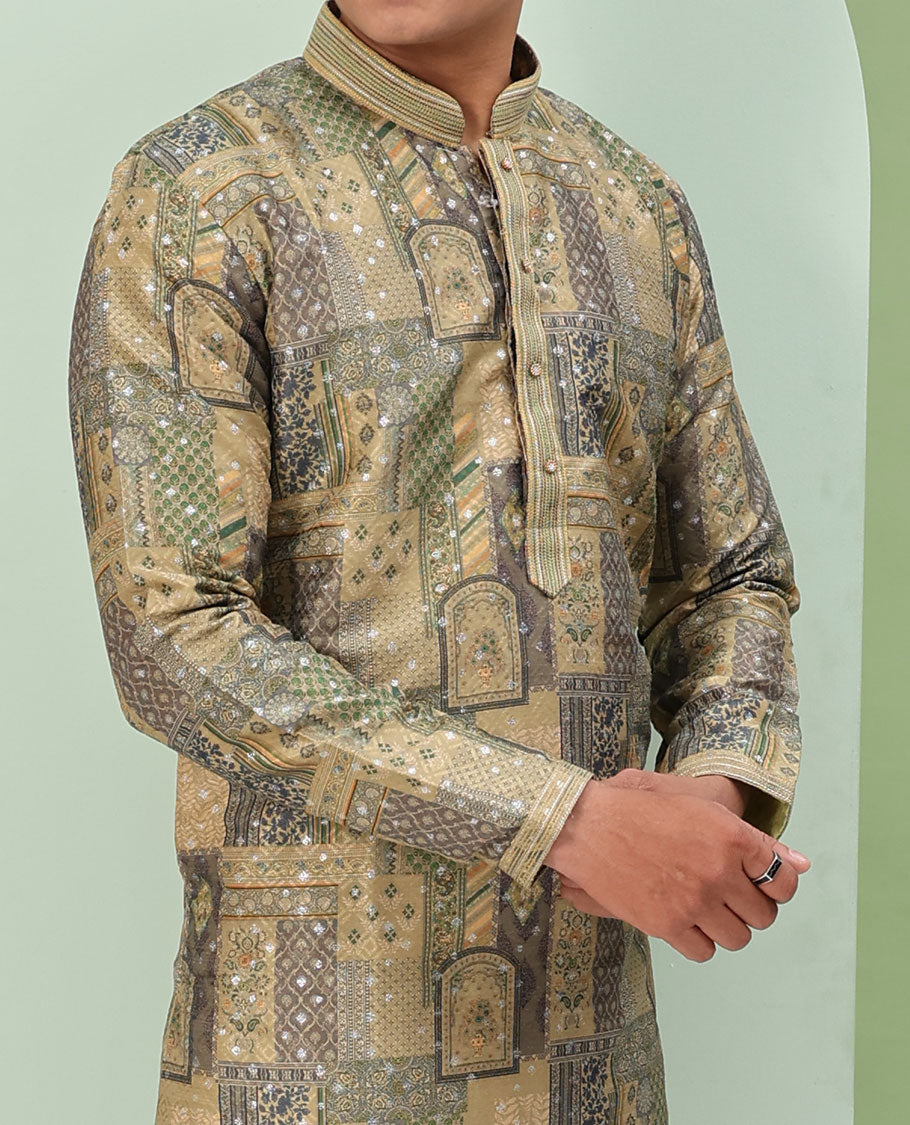 Mustard base, colorful Mughal-style floral and geometric motifs printed with glitter work, full-sleeved readymade kurta