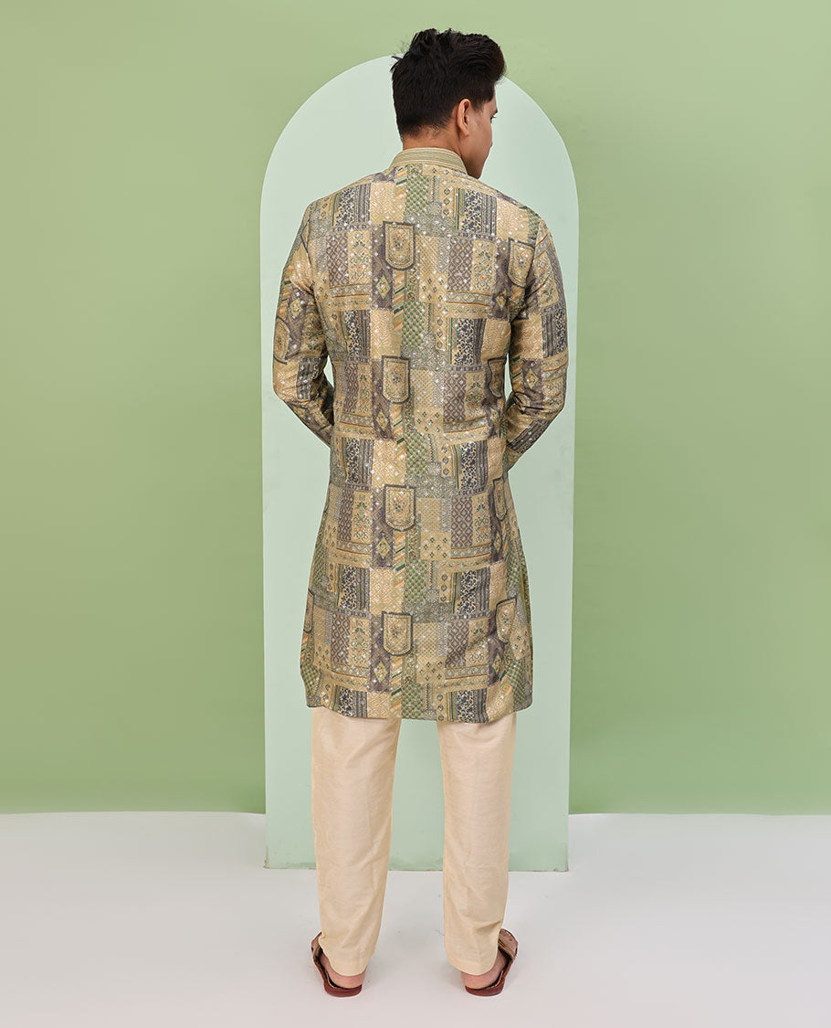 Mustard base, colorful Mughal-style floral and geometric motifs printed with glitter work, full-sleeved readymade kurta