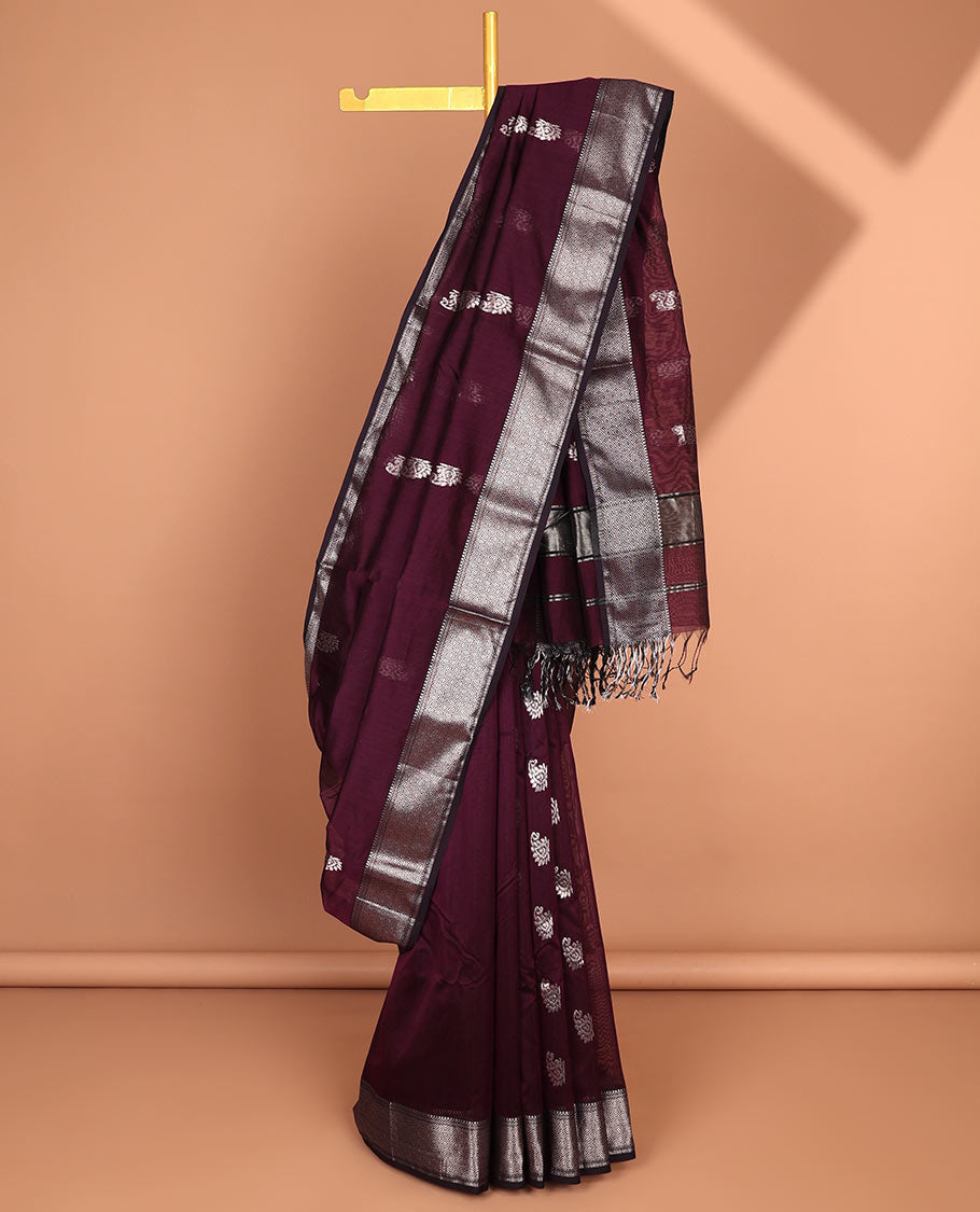 Maroon Maheshwari cotton saree with paisley buttas, traditional zari border & zari paisley pallu