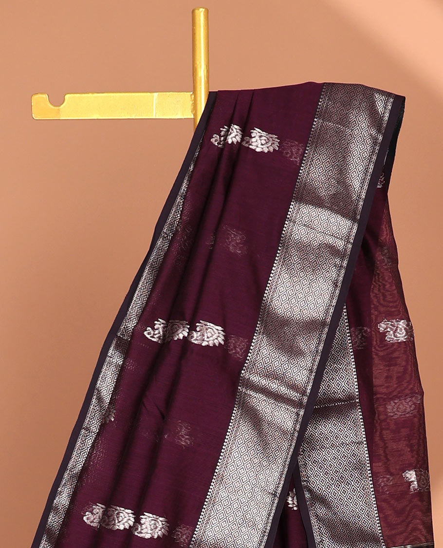 Maroon Maheshwari cotton saree with paisley buttas, traditional zari border & zari paisley pallu