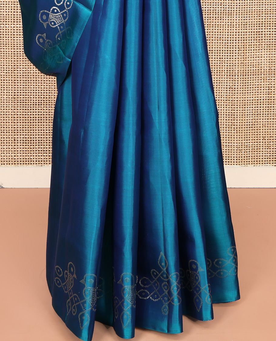 Blue Mayuri Soft Silk Saree, Traditionally Woven with Pakshi Kolam Design On Its Border, Pallu Features Pakshi Kolam, and Paired with a Matching Blouse