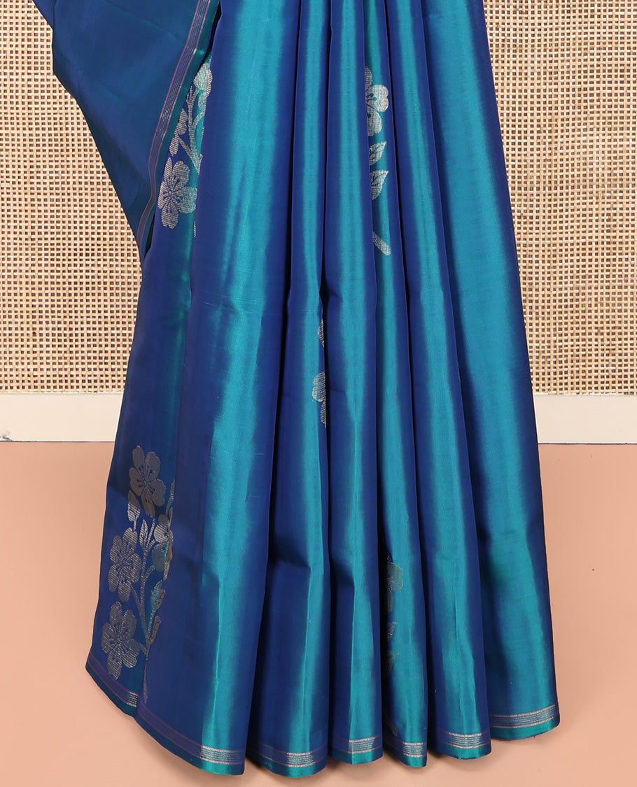 Borderless Blue Mayuri Lite Silk Mix Saree, Subtly Accented with Floral Zari Buttas All Over Its Body, Highlighted by a Pallu of Geometric Designs, and Paired with a Matching Blouse