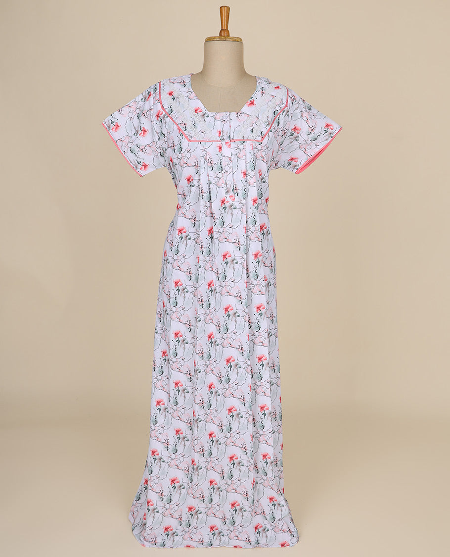 White floral printed & square neck cotton half-sleeve nighty