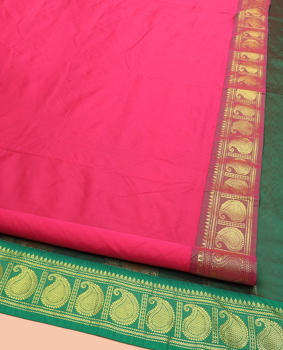 Pink Plain Ten-Yard Art Silk Saree, Complemented by a Contrast Traditional Zari Border of Paisley Designs, and Pallu Adorned with Traditional Zari Designs
