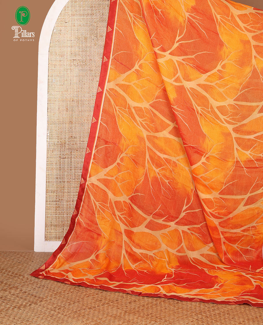 Orange digital print chiffon shimmer saree with lace border & self pallu along with printed blouse