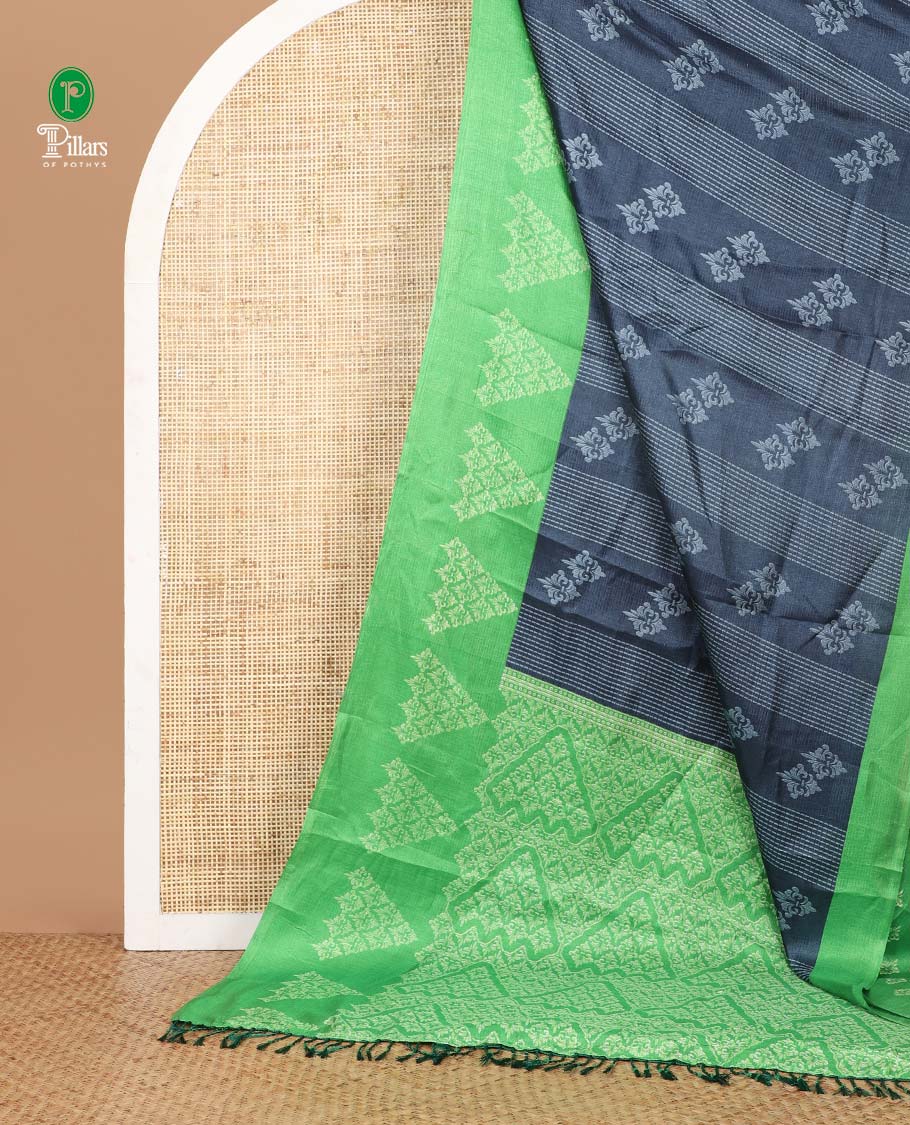 Blue stripes and unique motifs printed khadhi silk saree, contrast border and pallu features intricately printed triangle motifs