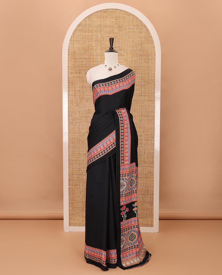 Black plain design modal satin saree, Ajrakh printed border, floral-Ajrakh printed pallu & Ajrakh printed blouse