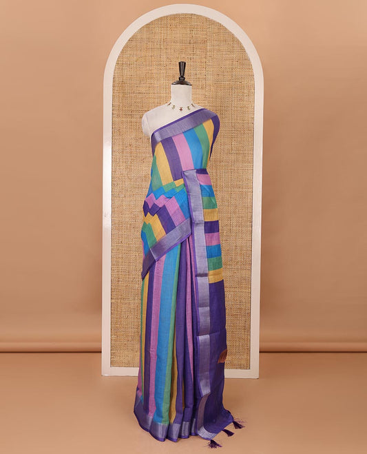 Violet-base colorful vertical stripes printed linen cotton saree, silver zari bavanji border, ice cream motifs printed pallu & contrast printed blouse