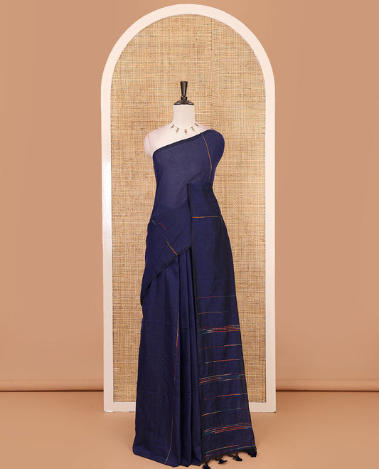 Borderless Navy blue vertical multi-color thread striped khadi jute linen saree, striped pallu & matching plain blouse