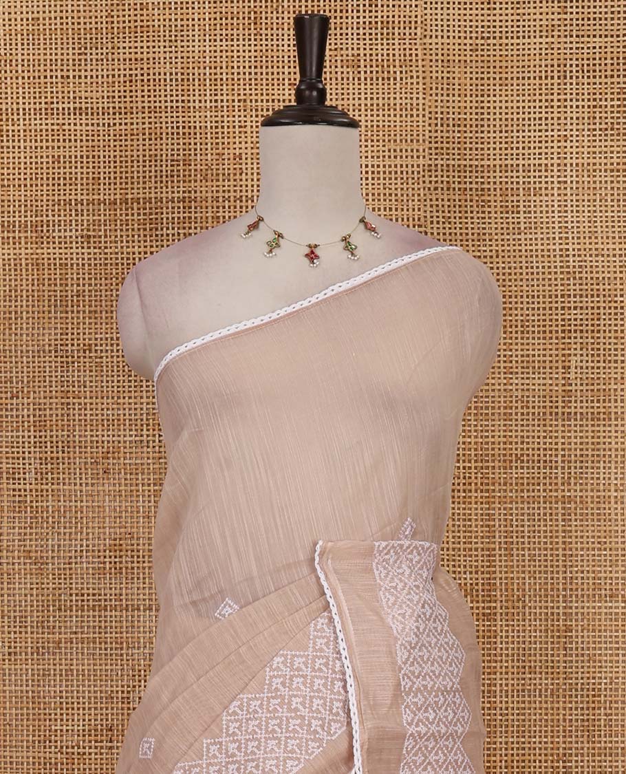 Chikku diamond patterns white resham thread embroidered mercerised cotton saree, lace border, and matching plain blouse