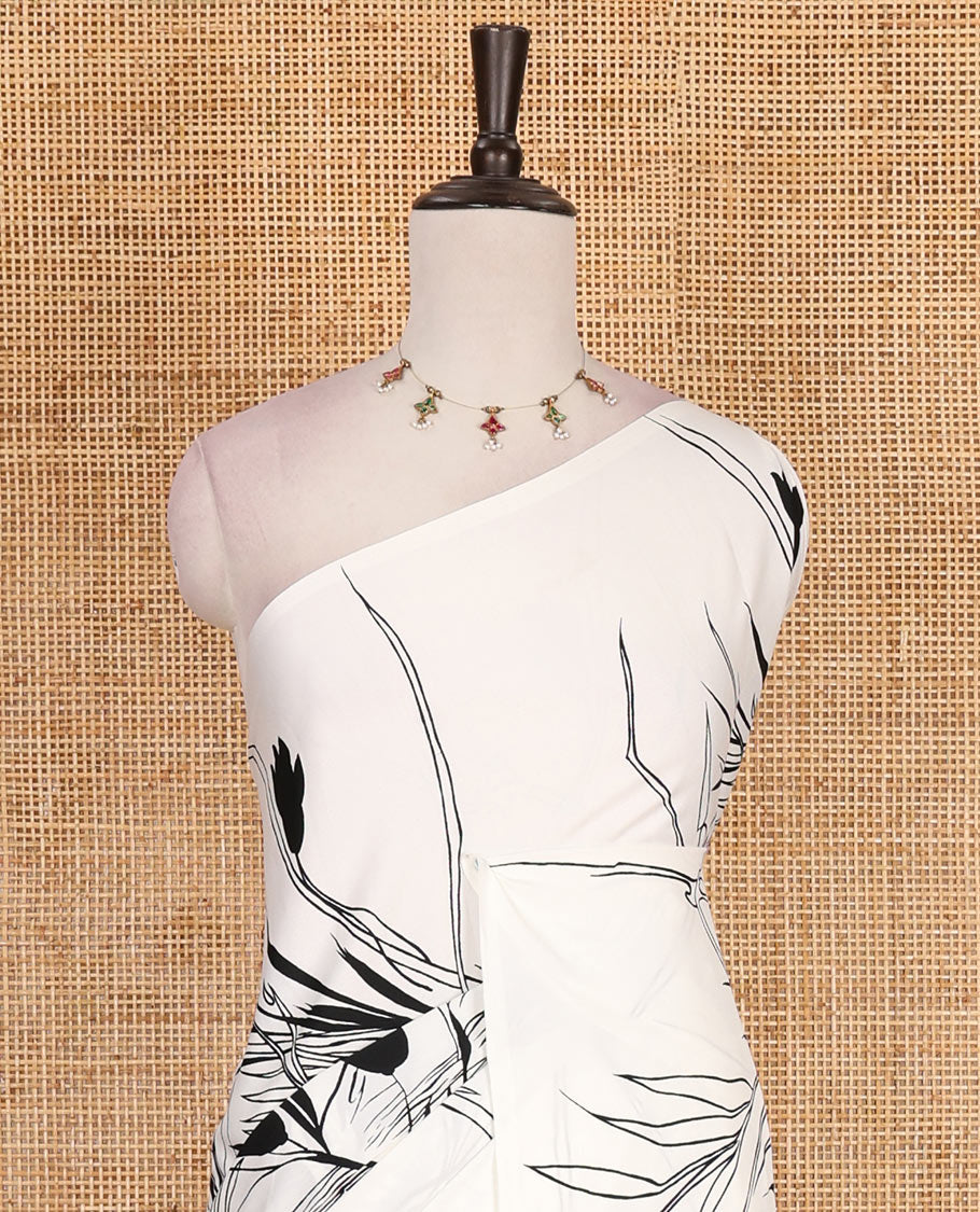 Borderless cream feather like floral motifs printed satin crepe saree, floral vine printed blouse