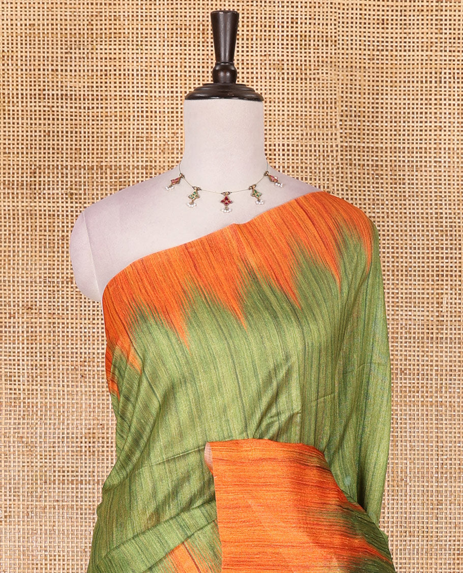 Parrot green full plain katan silk saree, contrast temple border, odisha style printed pallu, and contrast plain blouse