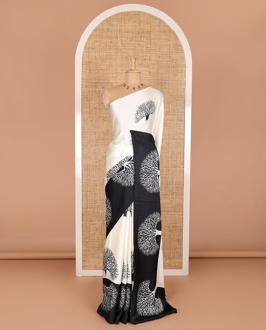 Half-white tree motifs digitally printed Gajji silk saree with contrast printed border of upside down tree motifs, and contrast printed blouse