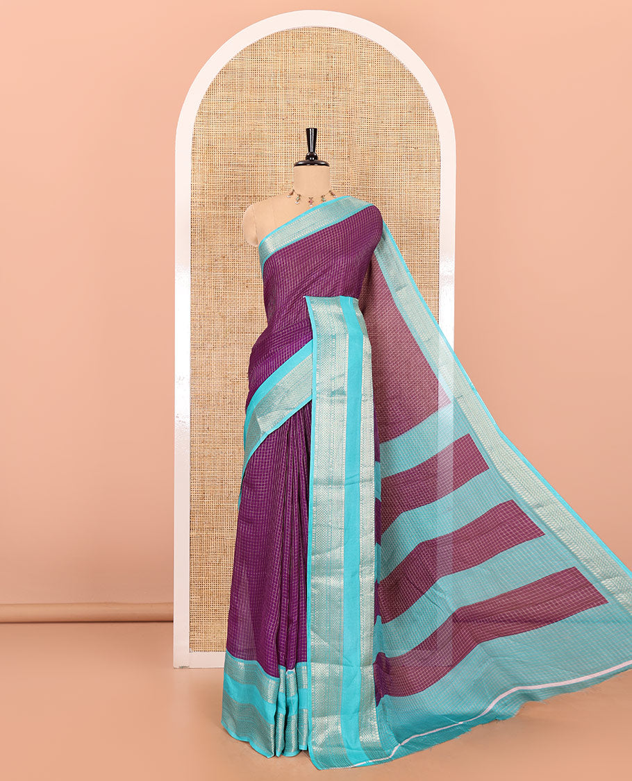 Purple checked moss chiffon saree with contrast traditional zari design border, checked pallu, and a contrast zari design blouse