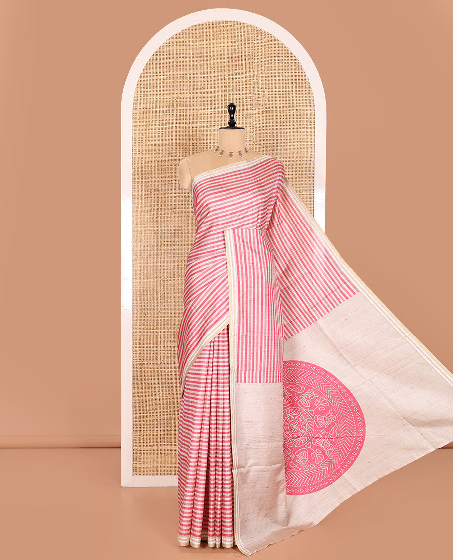 Pink Semi-Tussar Saree Featuring Horizontal Stripe Prints, Accentuated by a Subtle Resham Thread Temple-Designed Border, with a Pallu Highlighted by Intricate Circular Motifs, Paired with a Contrast Bandhani Blouse