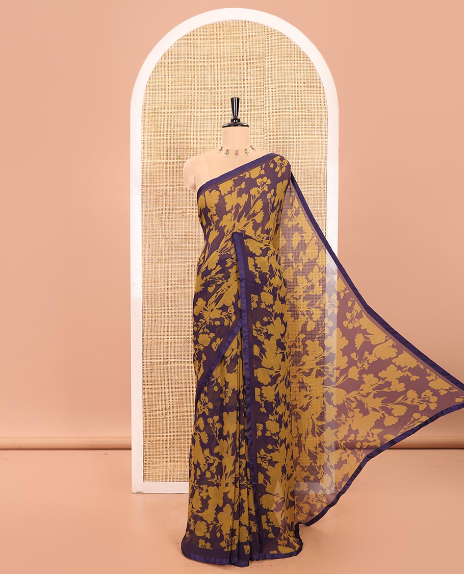 Purple Chiffon Saree Adorned with Silhouette-Style Floral Vine Print, Subtly Made Lace Border, Self-Printed Pallu, and Paired with a Plain Blouse