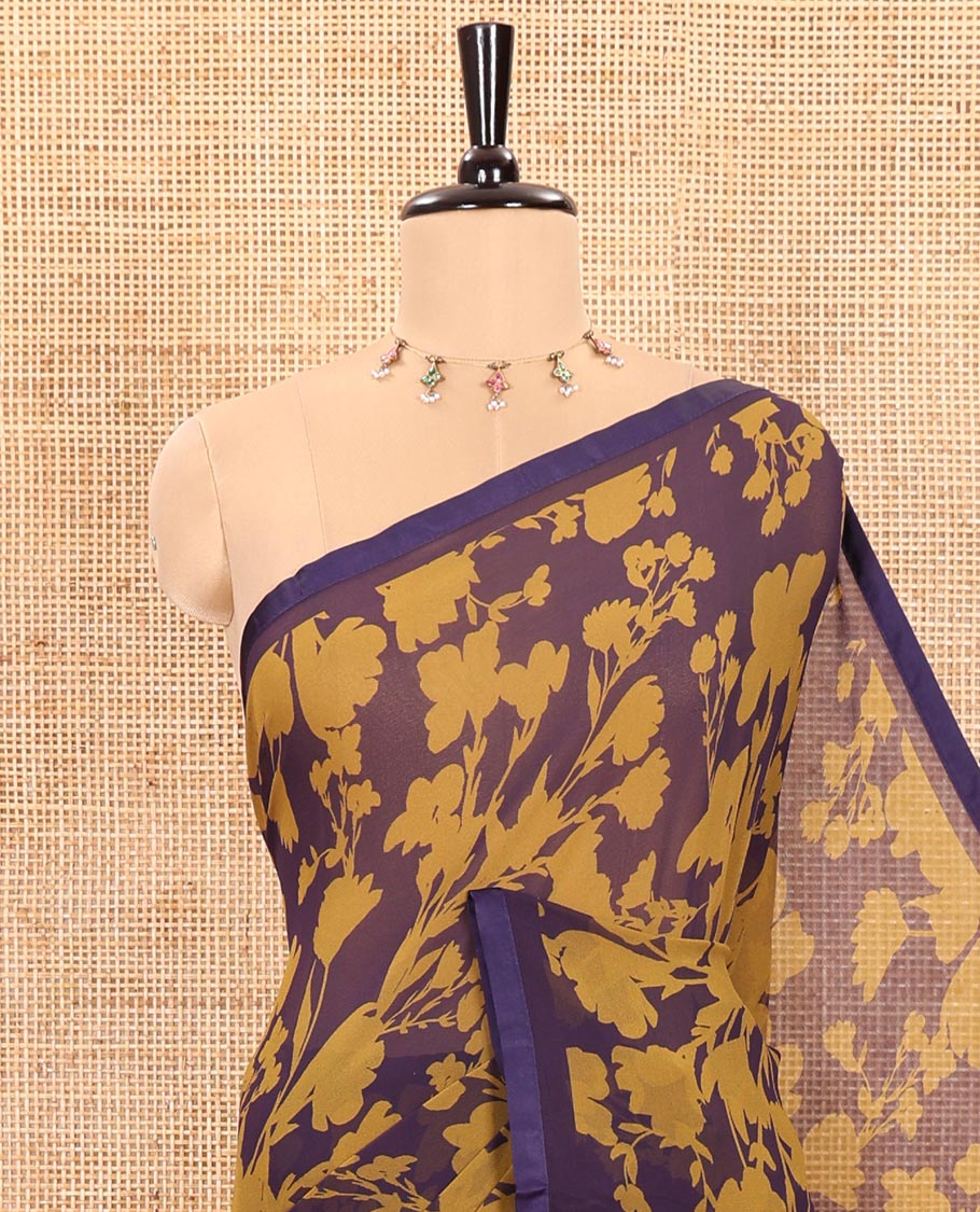 Purple Chiffon Saree Adorned with Silhouette-Style Floral Vine Print, Subtly Made Lace Border, Self-Printed Pallu, and Paired with a Plain Blouse