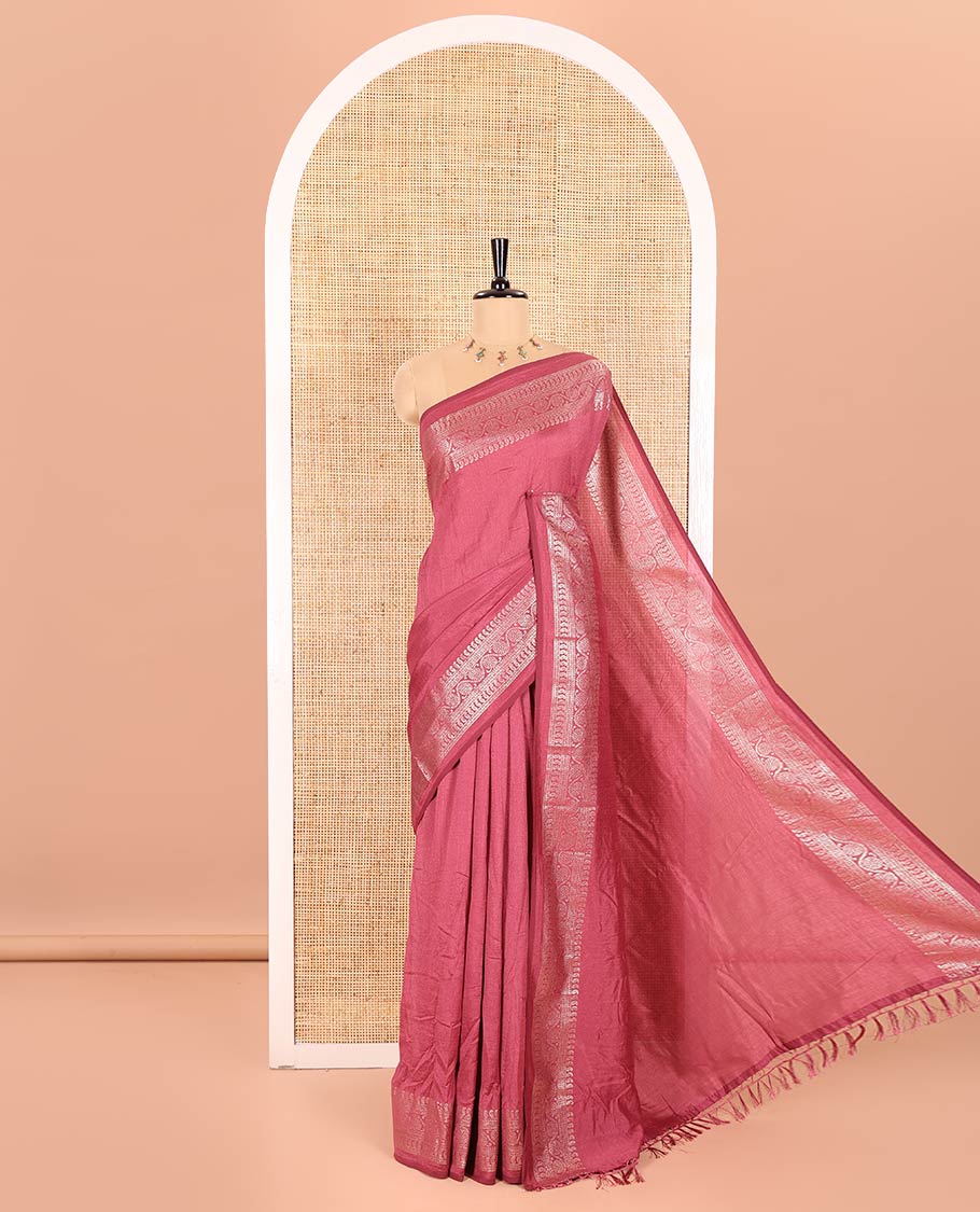Pink Plain Vichitra Silk Saree Subtly Sparked with Self-Border Featuring Traditional Designs, Plain Pallu, and Comes Without Blouse